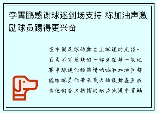 李霄鹏感谢球迷到场支持 称加油声激励球员踢得更兴奋