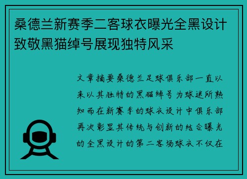 桑德兰新赛季二客球衣曝光全黑设计致敬黑猫绰号展现独特风采