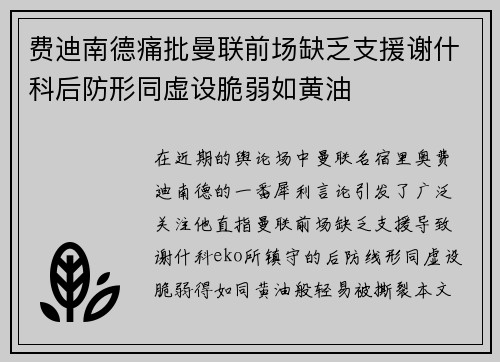 费迪南德痛批曼联前场缺乏支援谢什科后防形同虚设脆弱如黄油